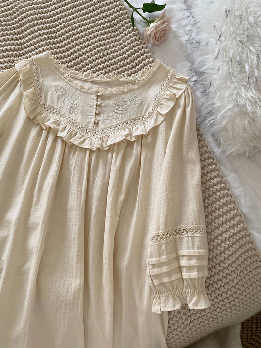 Vintage cotton nightgown Princess  Style Sleepwear Cream color Embroidered lovely sleep dress