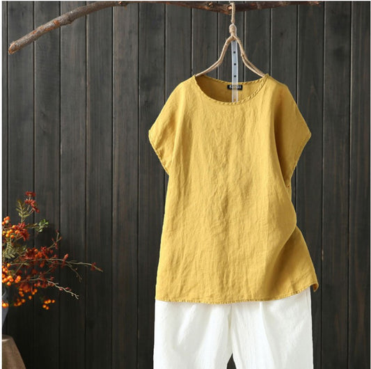 Cotton Linen Blouse Summer Short Sleeve Casual Shirt